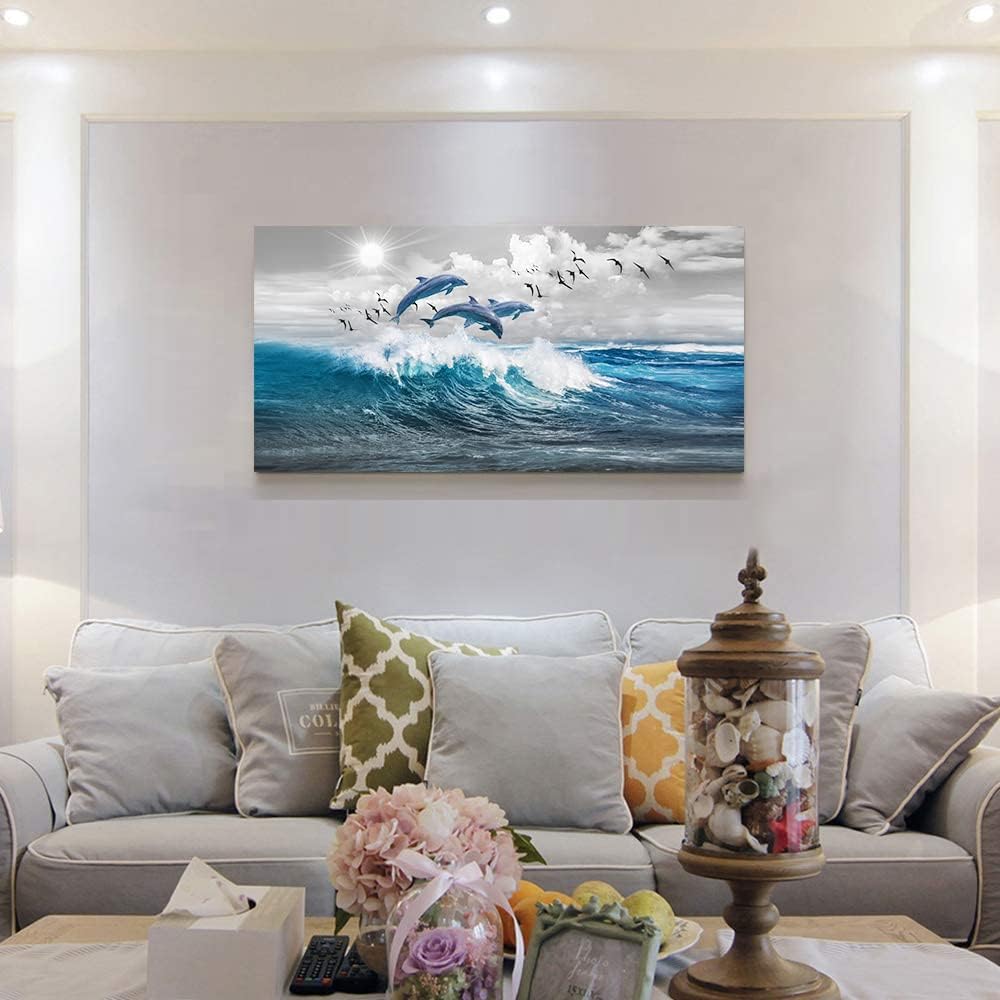 Decoración de pared para sala de estar, lienzo de gran tamaño, arte de pared para dormitorio, olas azules del mar, ilustraciones de pared, arte