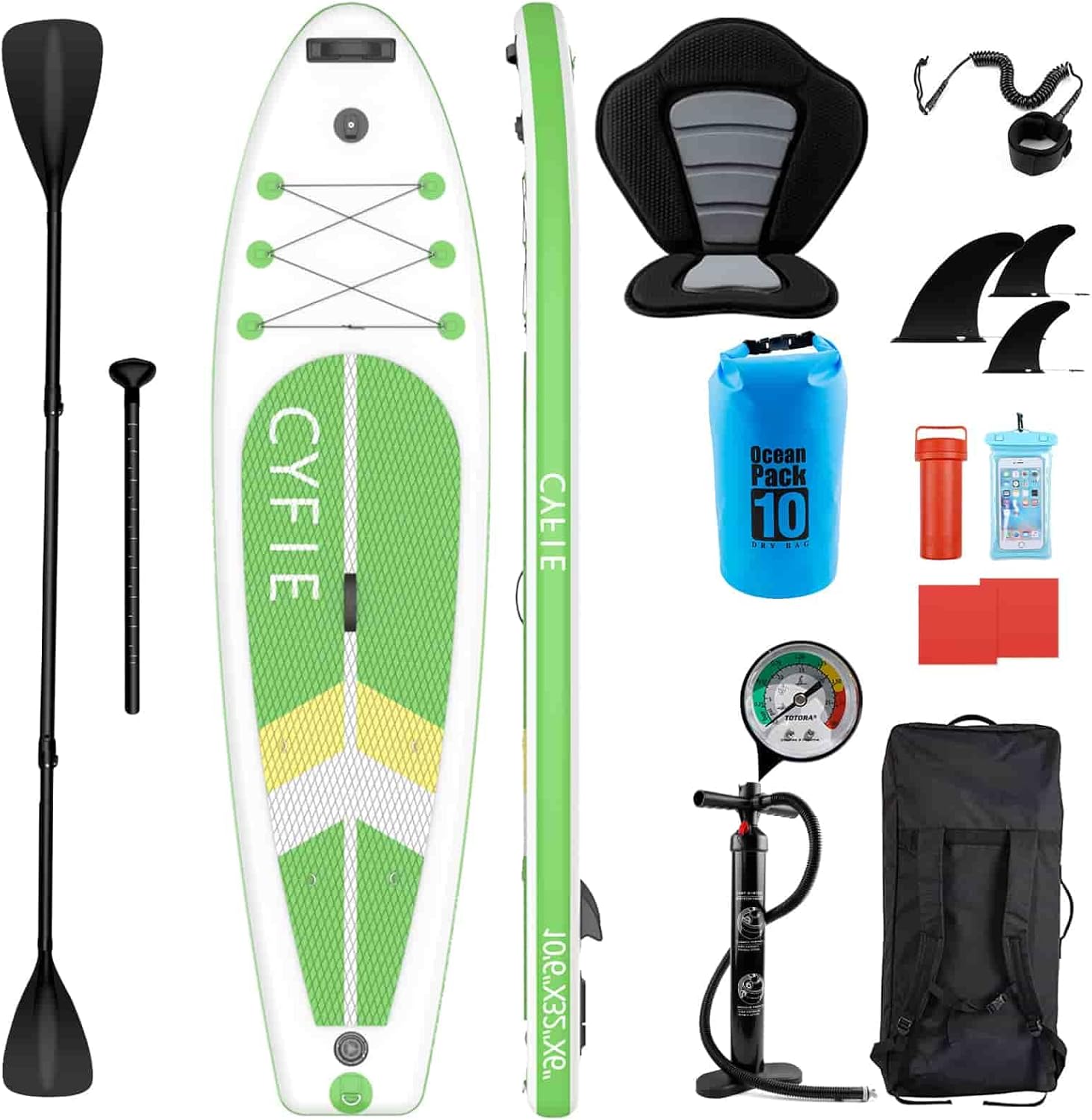 CYFIE Tabla de remo inflable para adulto, tabla de remo de pesca de 10.6 pies con asiento de kayak, accesorios de SUP, bomba, 4 remos, mochila,