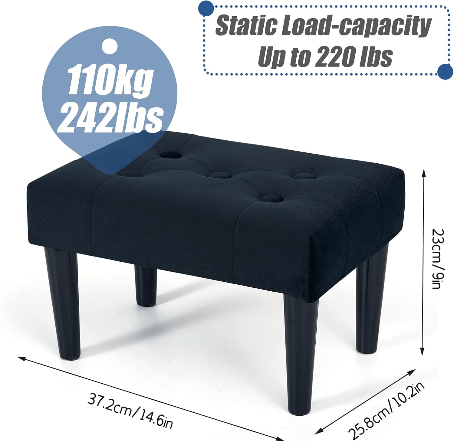 BRIAN & DANY Taburete pequeño otomano, asiento suave de terciopelo con patas de madera, taburete para sala de estar, taburete para pies (negro)
