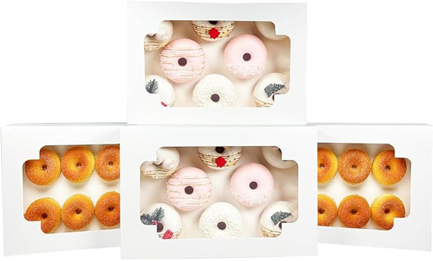 qiqee Caja de galletas blanca desplegable automática con ventana de 12 x 8 x 2.5 pulgadas, 32 paquetes de dos usos en un segundo plegable para