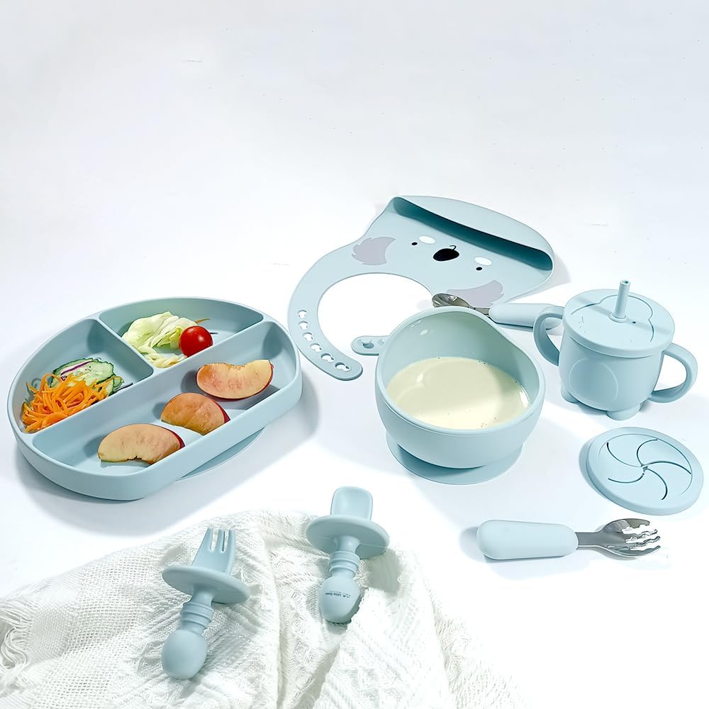 BY FOREV Juego de alimentación de bebé de silicona, suministros de destete con ventosa dividida, juego de platos de autoalimentación para niños