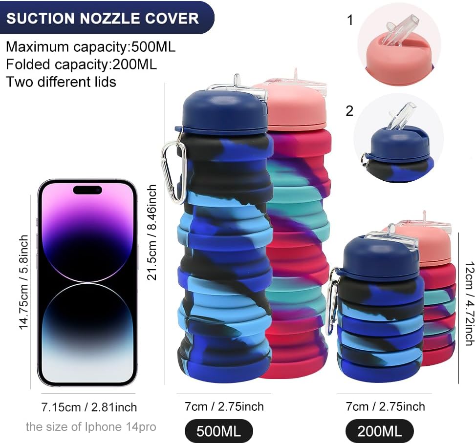 Paquete de 2 botellas de agua plegables de silicona, a prueba de fugas, portátiles de 16 onzas, expandibles, vasos deportivos con popote, sin BPA,