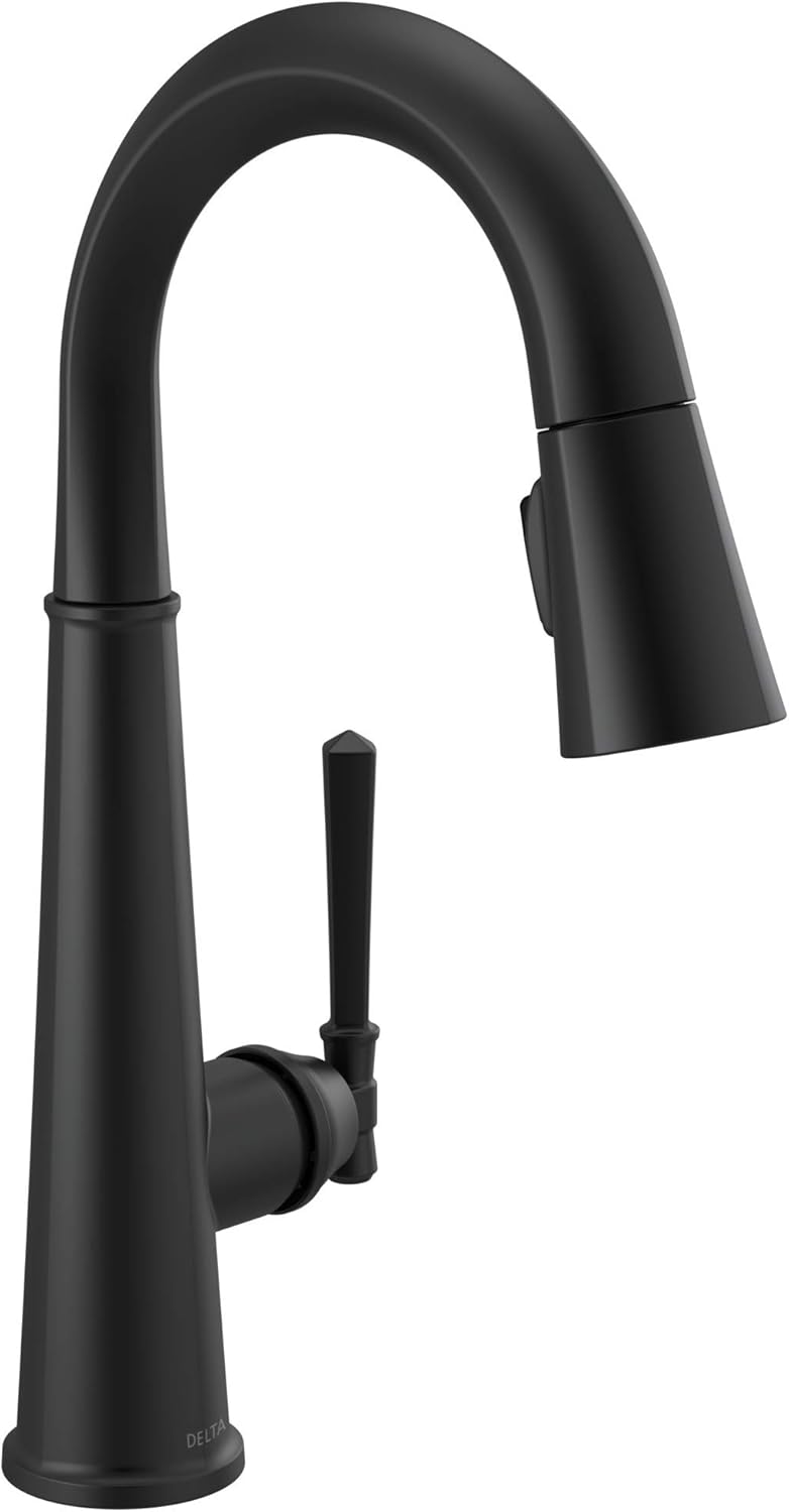 Delta Faucet Emmeline – Grifo de barra negro mate con rociador extraíble, grifo de fregadero de barra negra de un solo agujero, grifos de barra