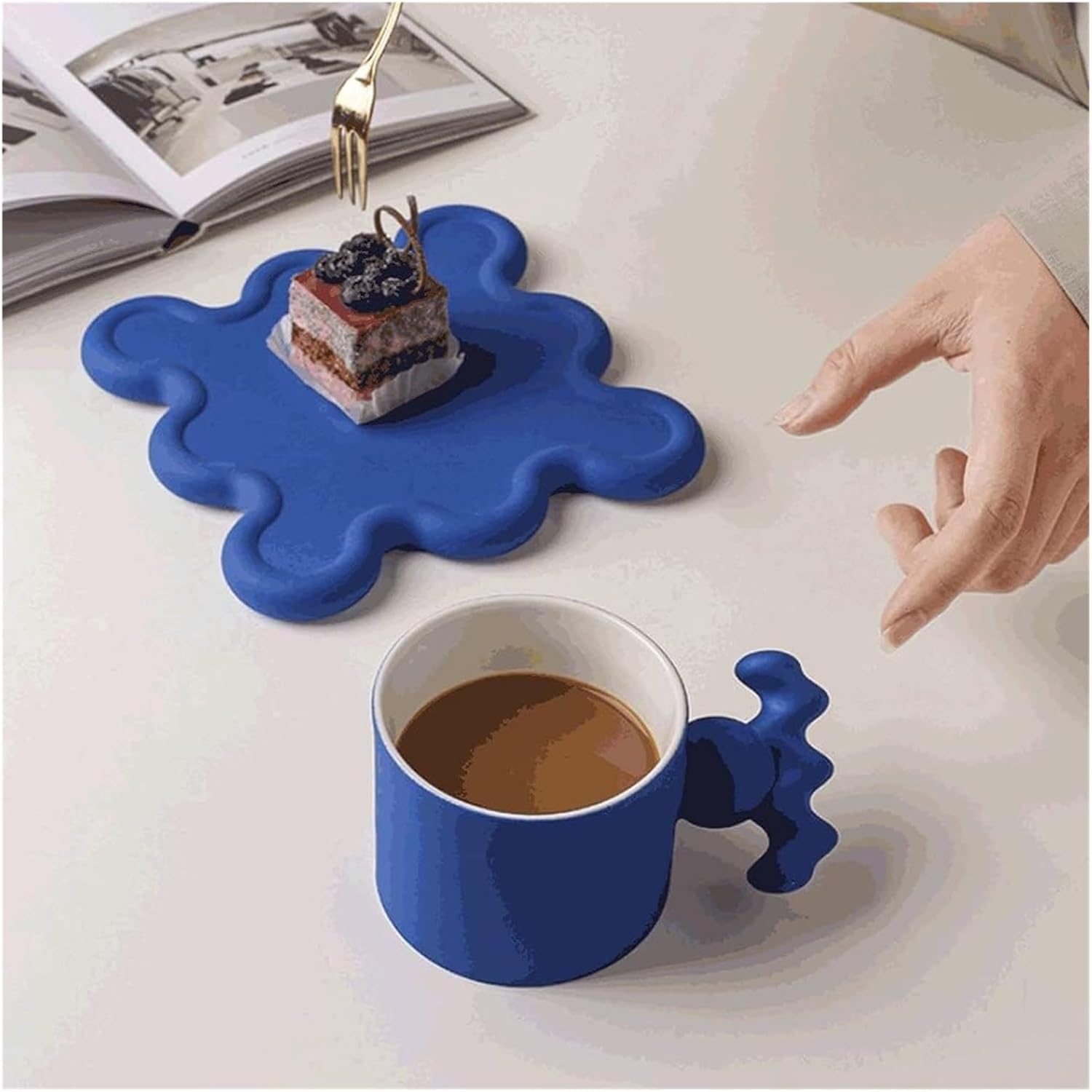 Taza creativa de cerámica taza de café y platillo, 7.1 fl oz, taza estética reutilizable de cerámica esmerilada para bebidas fríascalientes, 5
