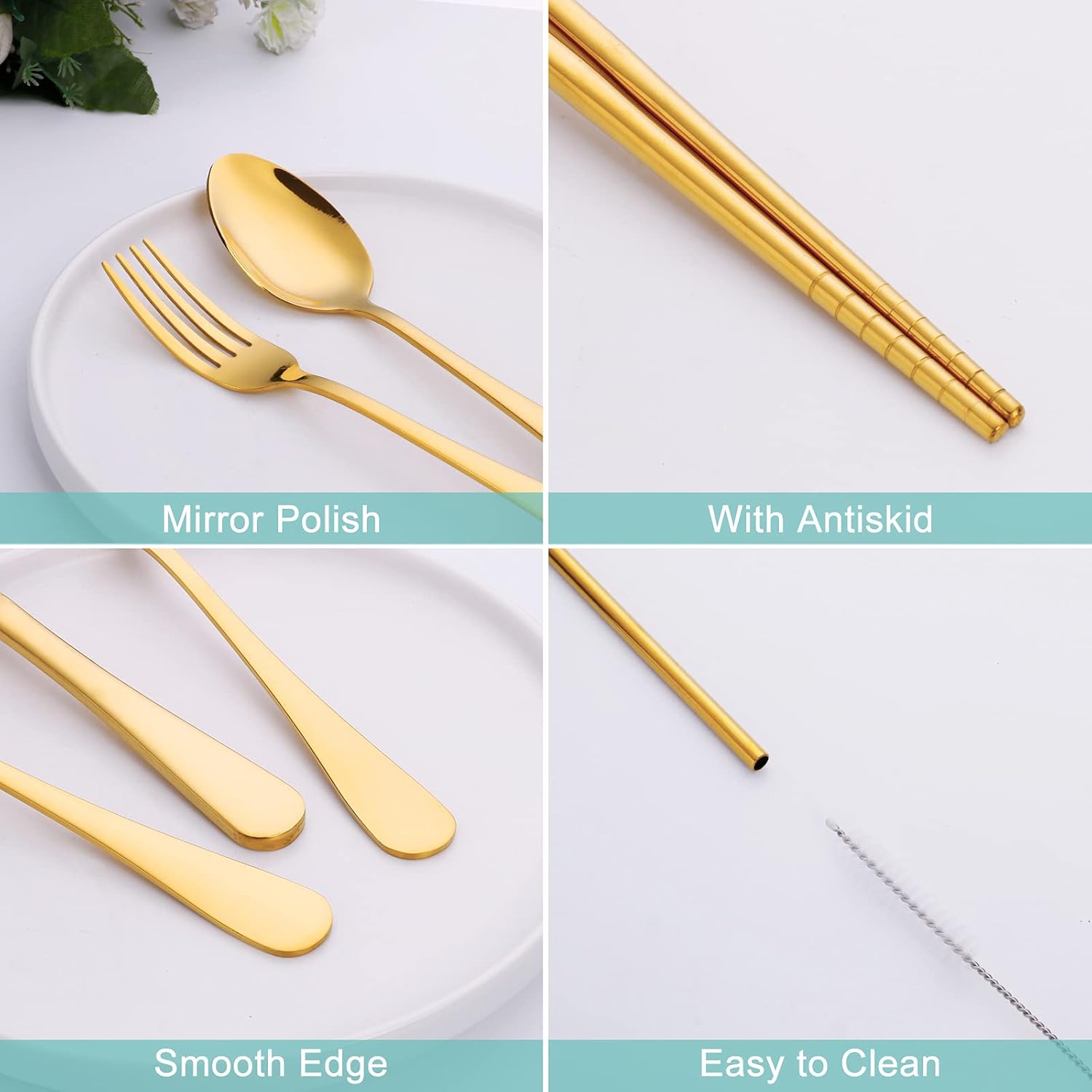 Juego de utensilios de viaje reutilizables con estuche (dorado), juego de cubiertos de viaje, juego de cubiertos portátil de acero inoxidable de 8