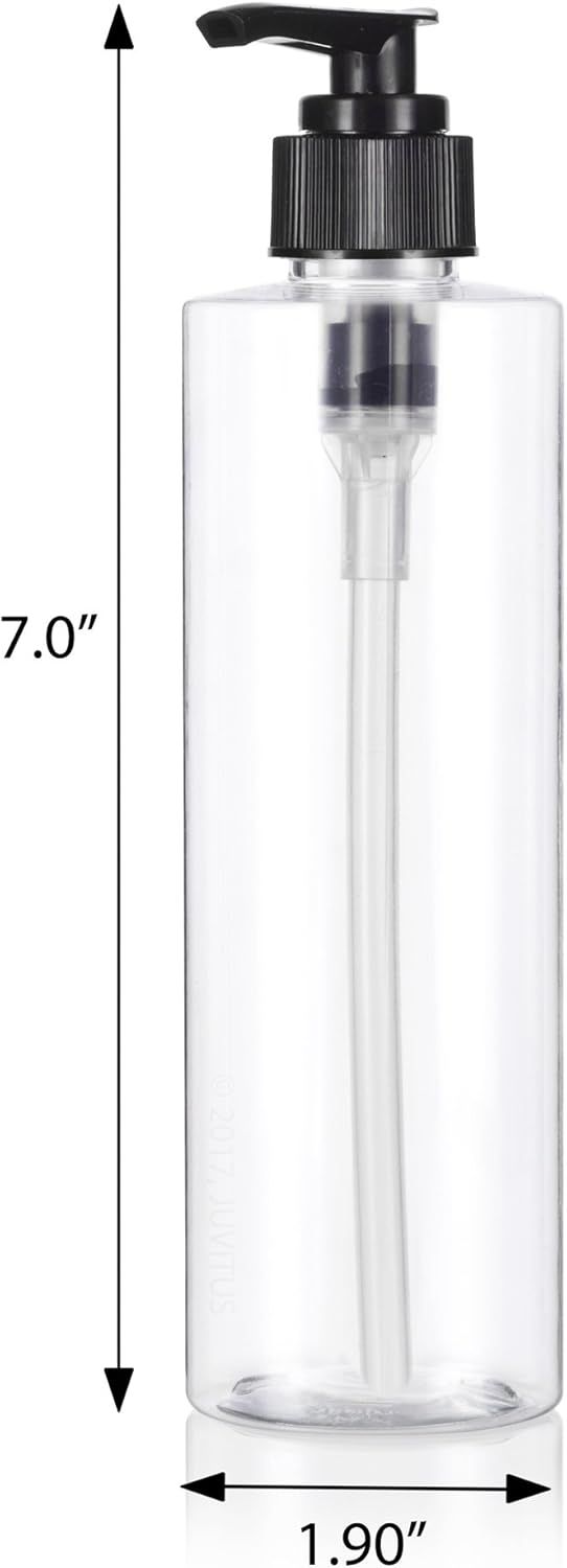 JUVITUS Botellas de plástico PET cilíndricas profesionales transparentes de 8 onzas (8.5 fl oz) (sin BPA) con bomba de loción negra (paquete de 6)