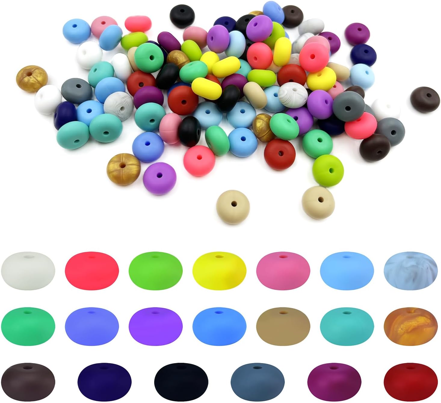 100 cuentas de silicona de ábaco de 0.555 pulgadas (0.551 in), cuentas planas redondas de lentejas gruesas, cuentas de platillo de colores