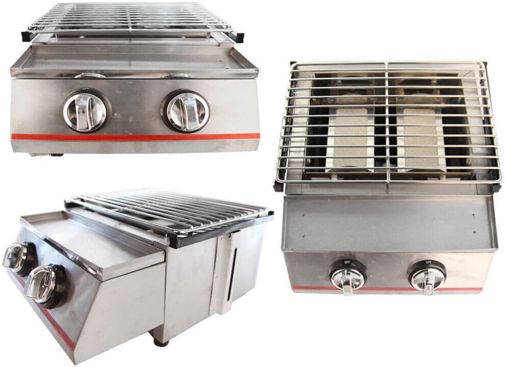 RustyVioum Parrilla de barbacoa de gas de 2 quemadores, parrilla de gas portátil sin humo, cocina portátil de acero inoxidable para cocinar al aire