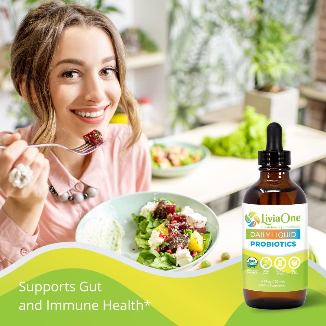 LiviaOne Daily Liquid Probiotics, probióticos orgánicos certificados por USDA, probióticos veganos sin alérgenos y sin gluten para mujeres y