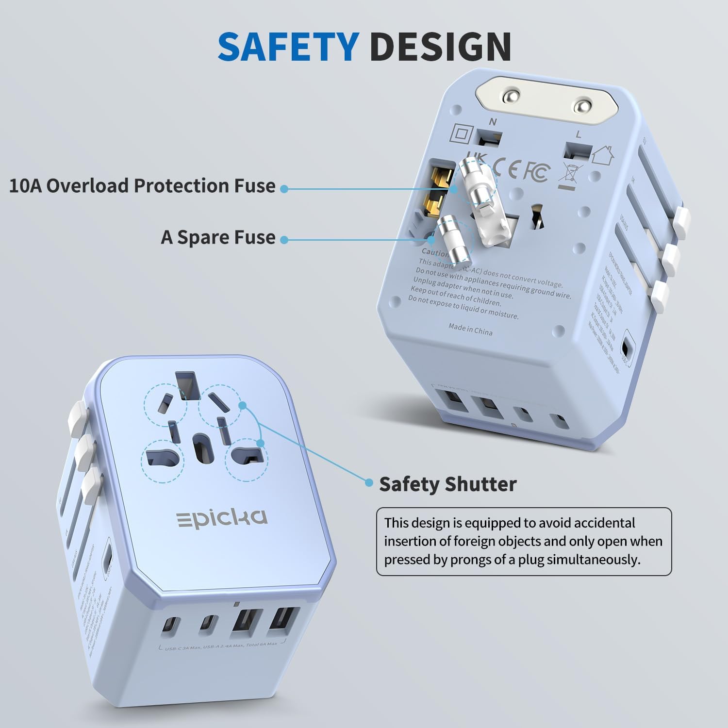 EPICKA Adaptador de viaje universal, adaptador de enchufe de alimentación internacional con 3 puertos USB-C y 2 puertos USB-A, cargador de pared