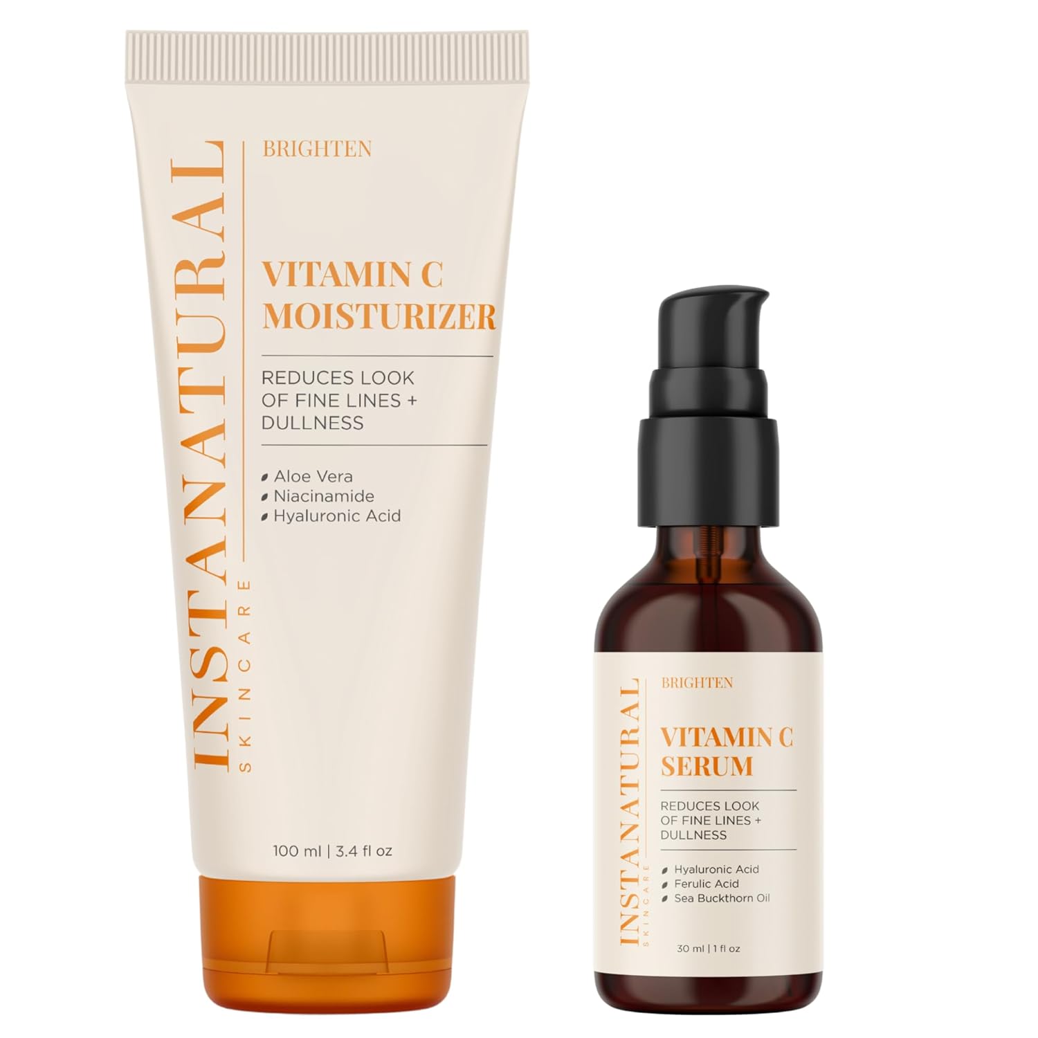InstaNatural Kit de crema hidratante y suero de vitamina C, ilumina y reduce los signos de envejecimiento, líneas finas y arrugas, con ácido