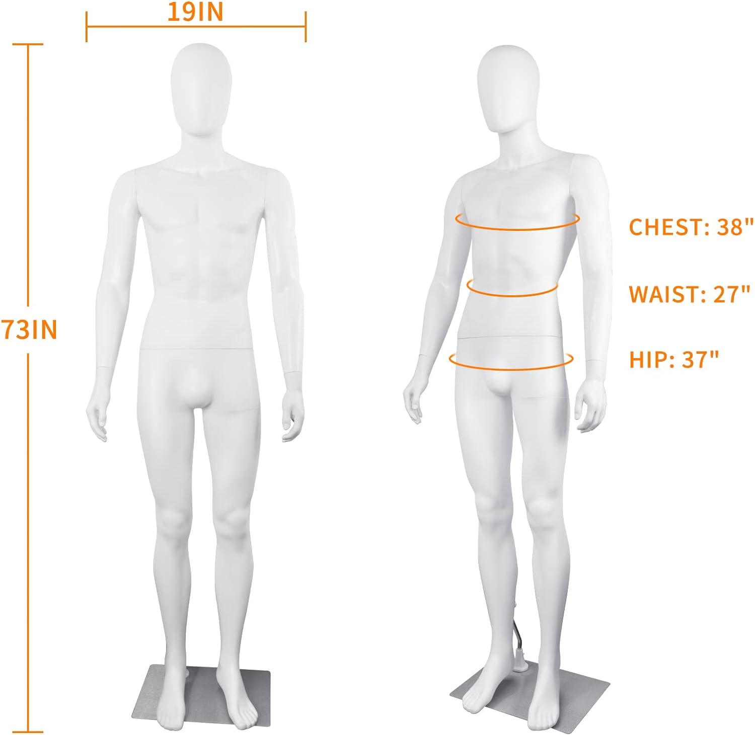 Maniquí masculino de cuerpo completo, soporte ajustable de 73 pulgadas, plástico sin rostro, desmontable, base de metal, conector de metal, blanco
