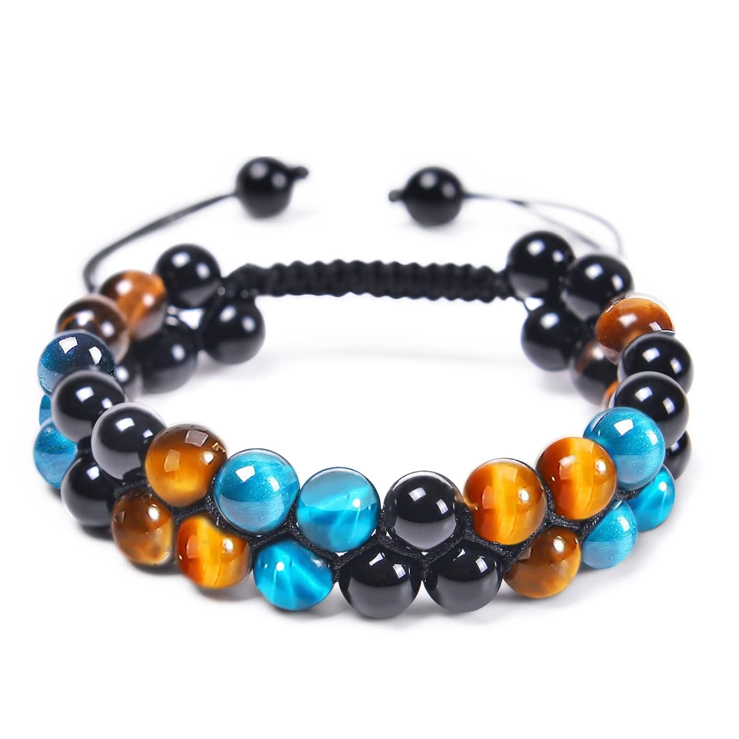 Beaded Bracelets for Men and Women Triple Protection Spiritual Healing Natural Yellow Blue Tiger Eye and Black Obsidian 8mm Stone Bead Energy
