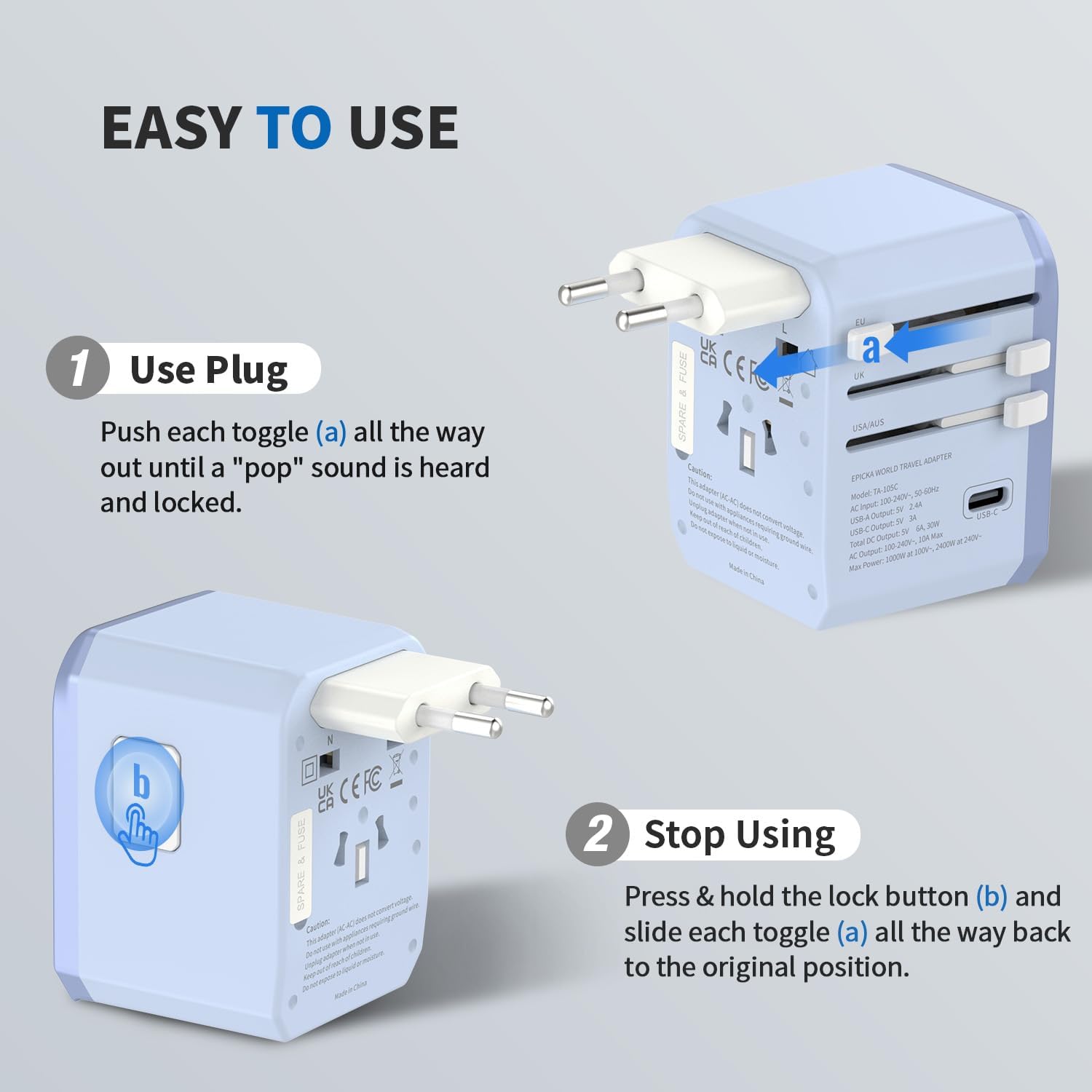 EPICKA Adaptador de viaje universal, adaptador de enchufe de alimentación internacional con 3 puertos USB-C y 2 puertos USB-A, cargador de pared