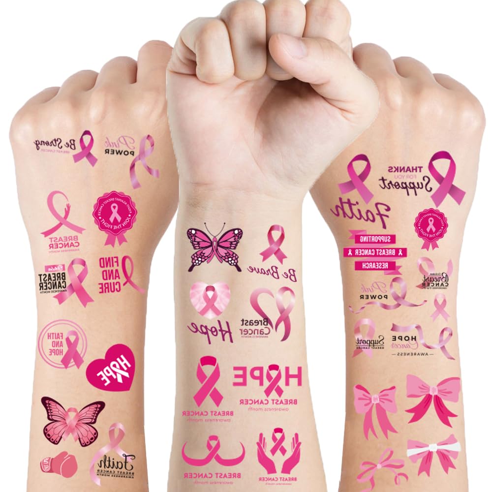 10 hojas de calcomanías de tatuajes de cinta rosa para concientización sobre el cáncer de mama, impermeables, fáciles de usar