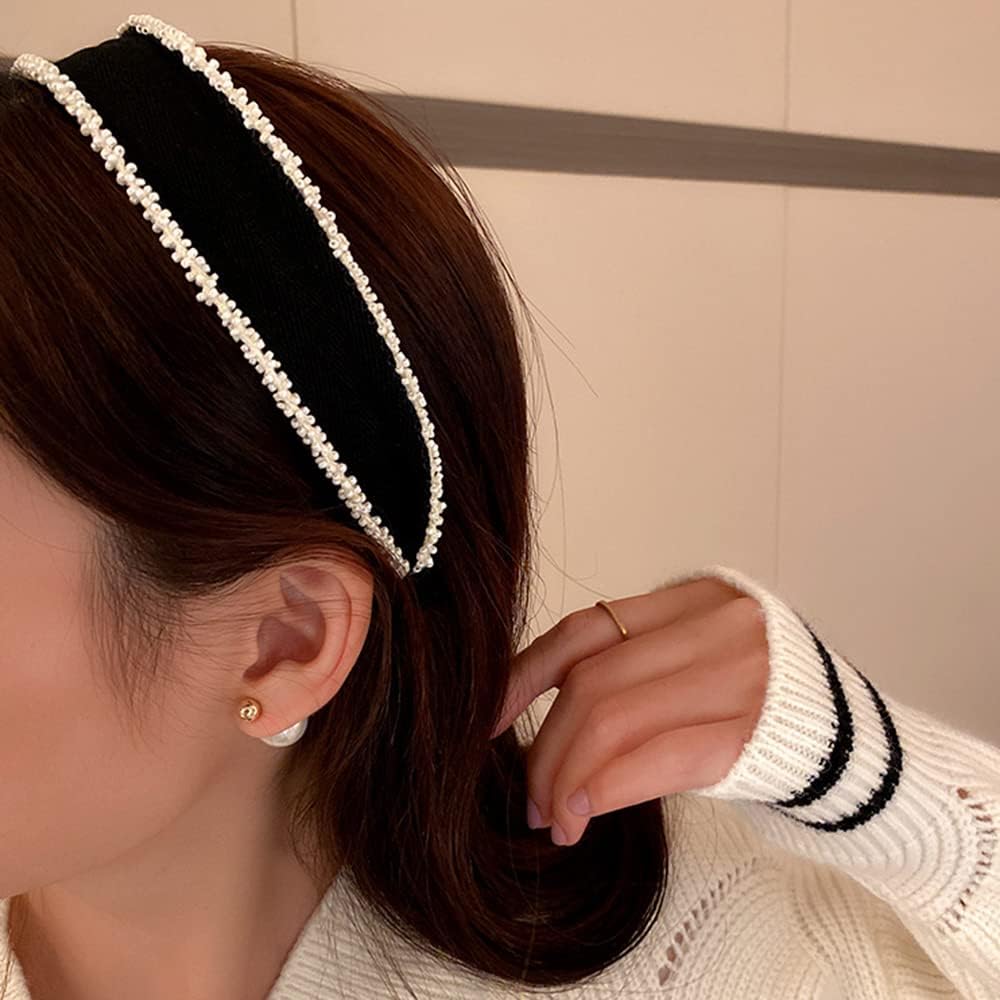 Diadema ancha con cuentas simples, diadema con cuentas para el cabello, banda elástica negra para mujeres y niñas