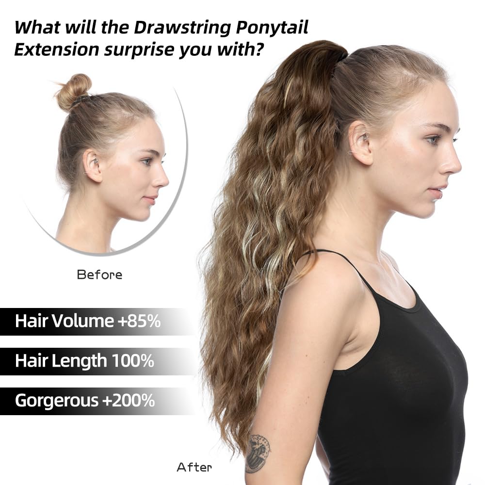 Cola de caballo con cordón para mujer, extensión de cola de caballo de 26 pulgadas de largo, extensiones de cabello sintético suave, extensión de