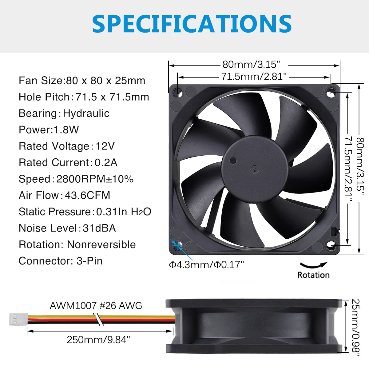 GDSTIME Ventilador de CPU de 3.150 in y 3.1 in, 3.150 in x 0.984 in DC 12 V 3 PIN sin escobillas para PC PC caja de refrigeración ventilador