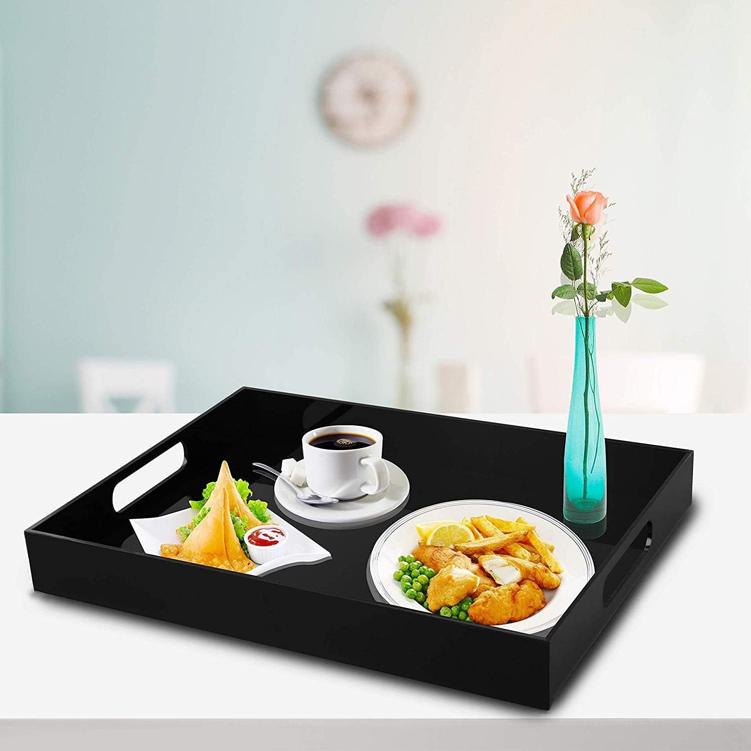 Bandeja de acrílico duradera para servir el desayuno, bandeja grande rectangular impermeable de 0.197 pulgadas de grosor con asas para café, té,