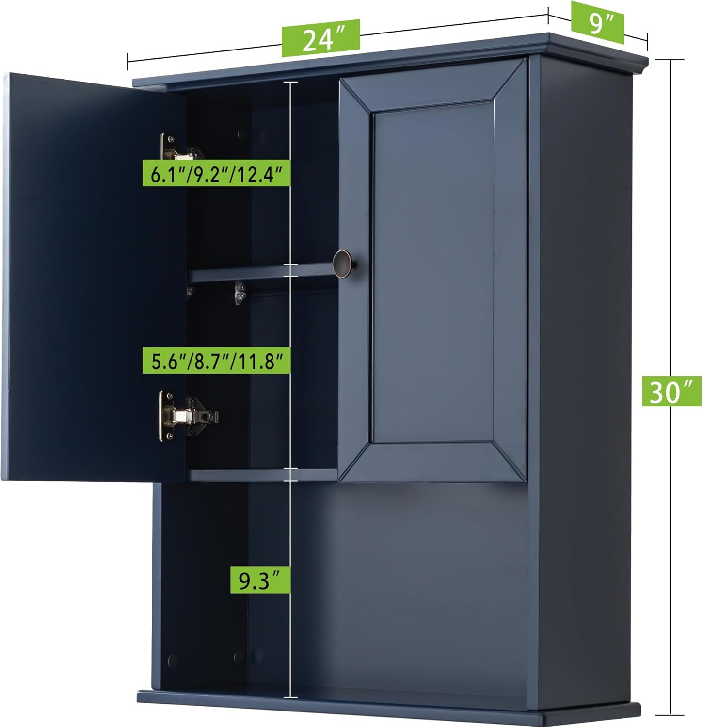 Armario de baño azul montado en la pared, botiquines de madera sobre inodoro, gabinete de almacenamiento de 24 x 30 pulgadas, gabinete de pared