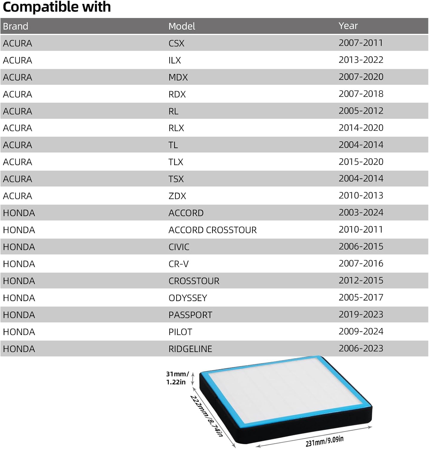 CF10134 – Filtro de aire de cabina de CA compatible con Honda Civic Accord Crosstour Odyssey Passport Pilot Ridgeline Acura CSX ILX Vehículos