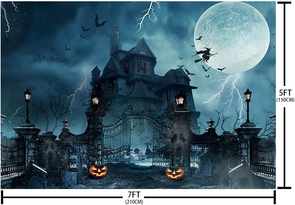 Telón de fondo de Halloween de 7 x 5 pies para fotografía, noche de Halloween, puerta de hierro, castillo de bruja, casas encantadas, luna,