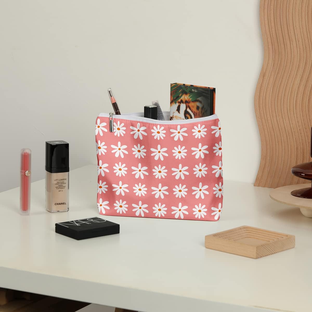 zcyxuuw Bolsa de maquillaje impermeable, bolsa de viaje para cosméticos, bolsa de aseo para mujer, flor retro hippie arco iris, decoración de
