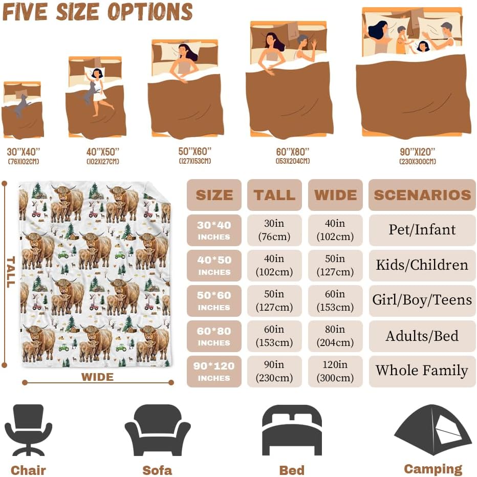 Farm Highland – Manta de regalo de franela de forro polar, ligera, suave, bonita y acogedora para cama, sofá, viajes al aire libre, 40 x 50