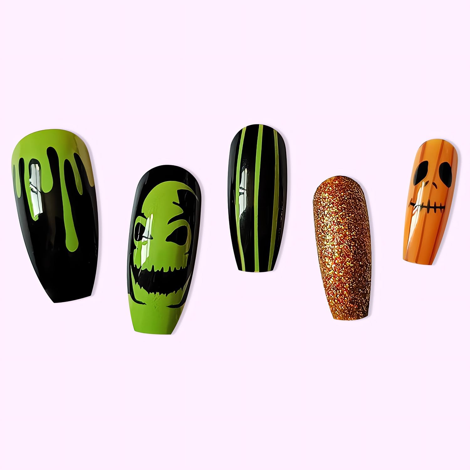 SINSEN Uñas postizas largas a presión para Halloween, ataúd espeluznante, uñas postizas acrílicas de Halloween con diseños, uñas adhesivas de