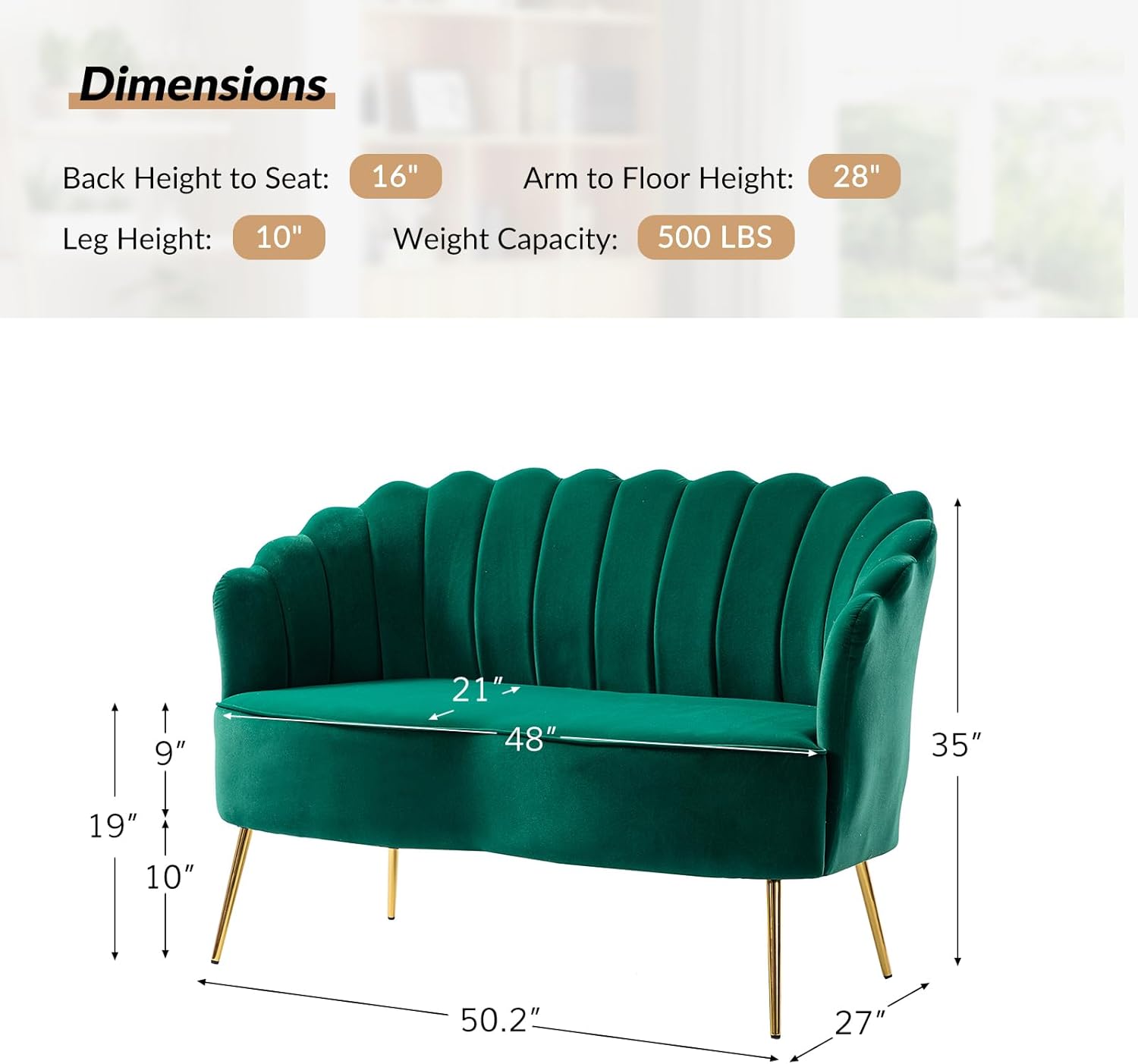 HULALA HOME Sofá biplaza de terciopelo con respaldo en forma de flor, moderno sofá de 2 plazas para sala de estar y dormitorio, cómodo sofá biplaza