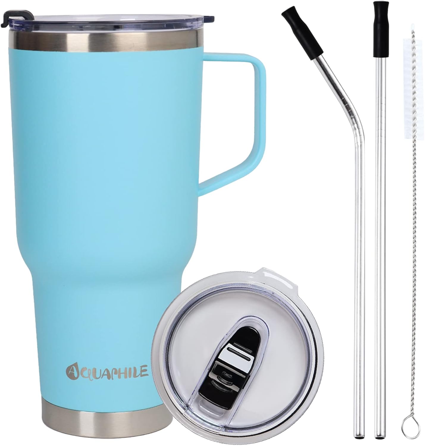 AQUAPHILE Vaso de 40 onzas con asa, vaso de acero inoxidable al vacío con tapa y popotes, botella de agua aislada reutilizable que cabe en el