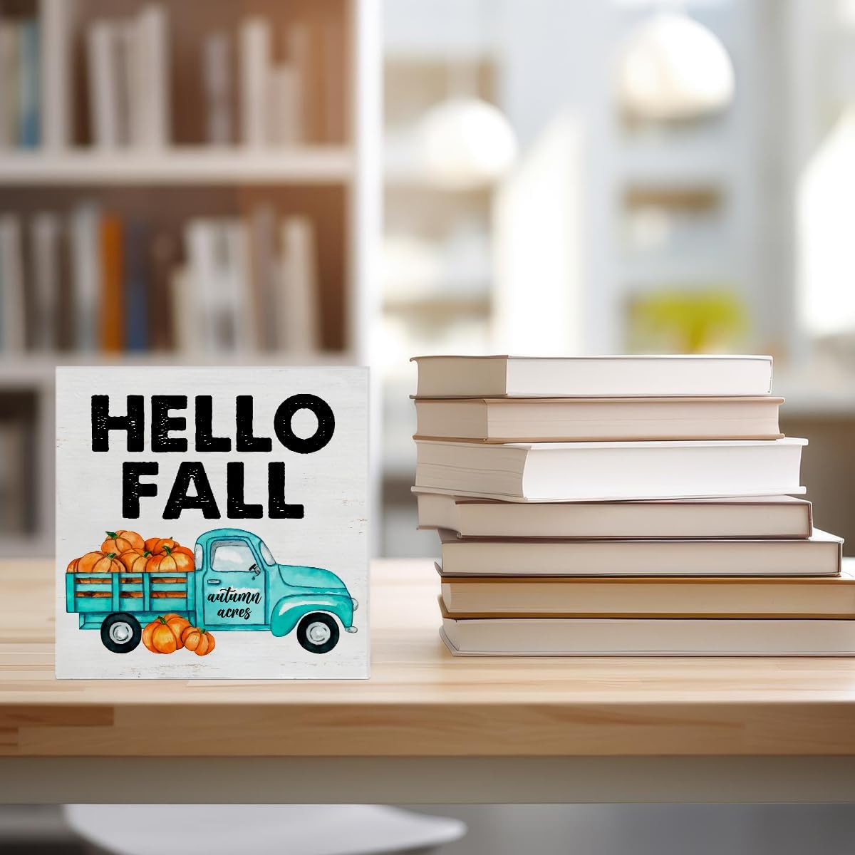Cartel de madera de otoño para decoración del hogar, letrero cuadrado de madera con texto en inglés “Hello Fall”, letrero de madera para escritorio,