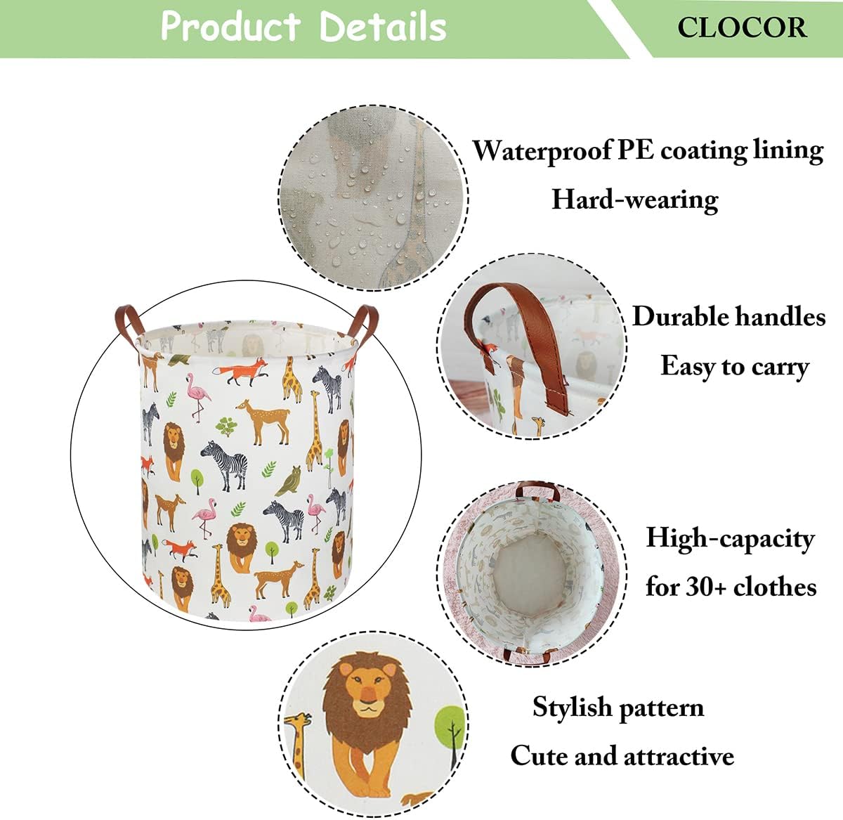 Cesta de lavandería para niños, canasta de almacenamiento de juguetes con asas para niños y niñas, decoración de habitación de safari, canasta de