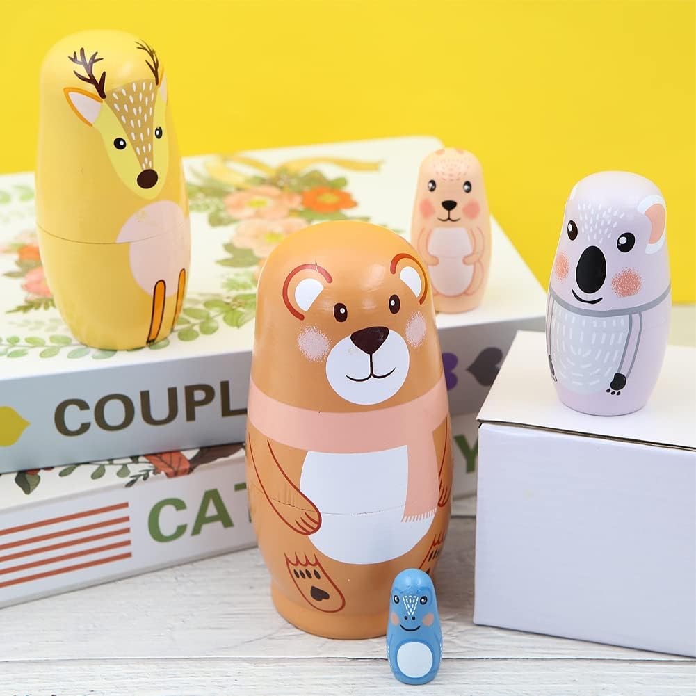 Winterworm Juego de 5 muñecas de anidación de animales Matryoshka Oso, jirafa, koala, conejo, rana, muñecas de anidación rusas, juguetes apilables,