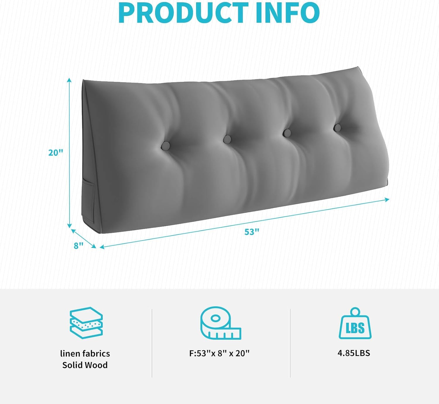 CECER Almohada de cabecera de cama matrimonial, almohada triangular grande para lectura con dos bolsillos laterales, cojín largo de cuña para cama o