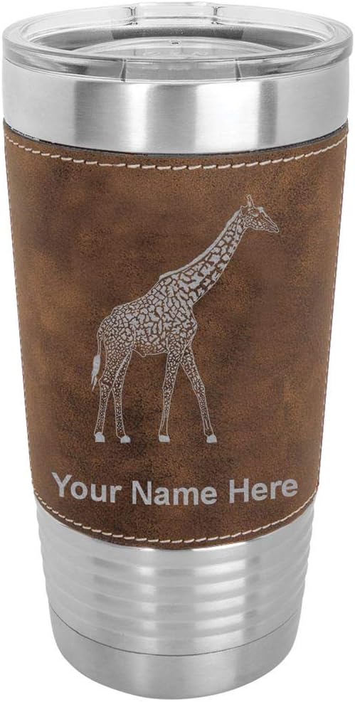 LaserGram Vaso aislado al vacío de 20 onzas, jirafa, grabado personalizado incluido (cuero sintético, rústico)
