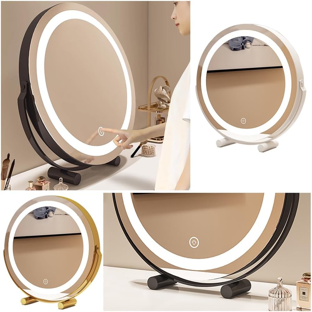 Espejo de maquillaje con luces, espejo de tocador grande iluminado, pantalla de control táctil inteligente y rotación de 360 grados con espejo de