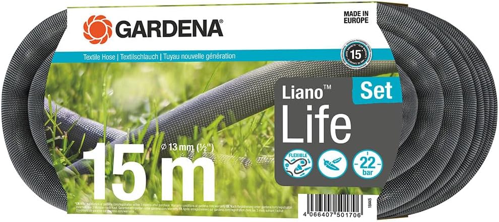 Gardena Liano Life – Manguera textil de 12 pulgada, 49.2 ft manguera de jardín textil altamente flexible, con tubo interior de PVC, sin torceduras,