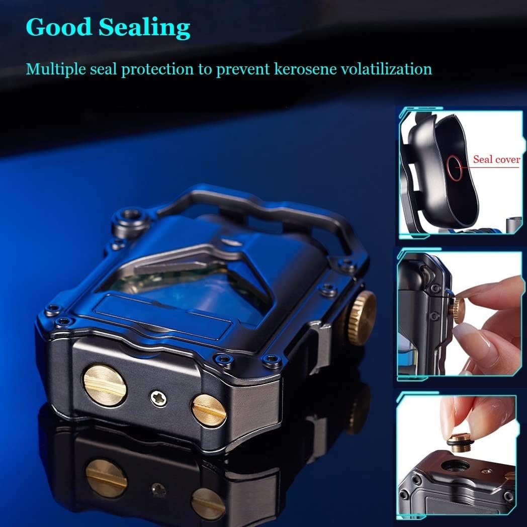 Encendedor de trinchera con luz LED azul, encendedor mecánico transparente novedoso, regalos únicos para hombres (negro)