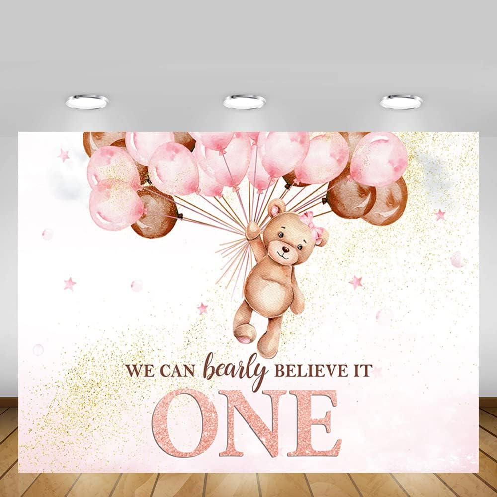 MEHOFOND Telón de fondo de oso para el primer cumpleaños para niñas, con texto en inglés “We Can Bearly Believe It One Happy First Birthday”,