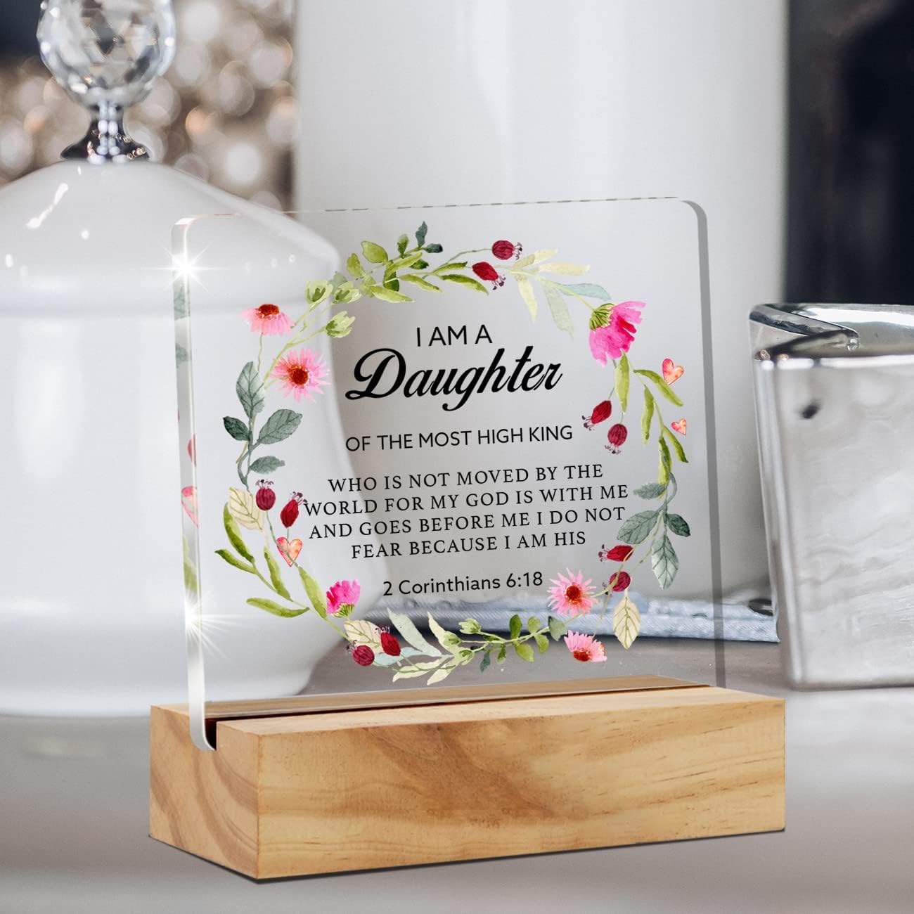 Regalos cristianos inspiradores con versículo bíblico, decoración de escritorio con texto en inglés “I am a daughter of the most high king” (I am a