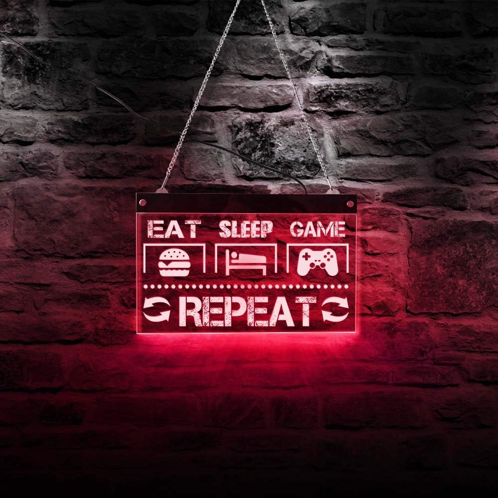 The Geeky Days Eat Sleep Game Repeat Funny Gaming Quote Letrero de neón LED con siete colores cambiantes para hombre, cueva, video gamer, decoración