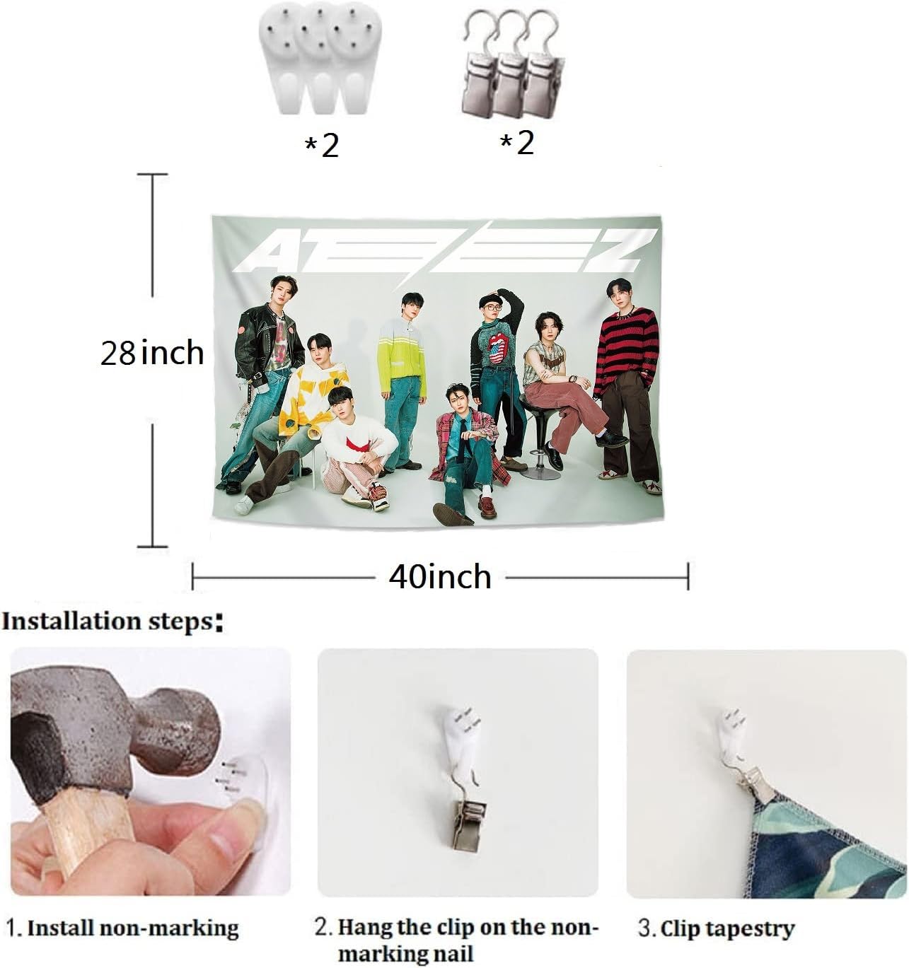 ATEEZ – Tapiz para colgar en la pared, mercancía ATEEZ, decoración de sala de estar, dormitorio, 40 x 28 pulgadas (gris)