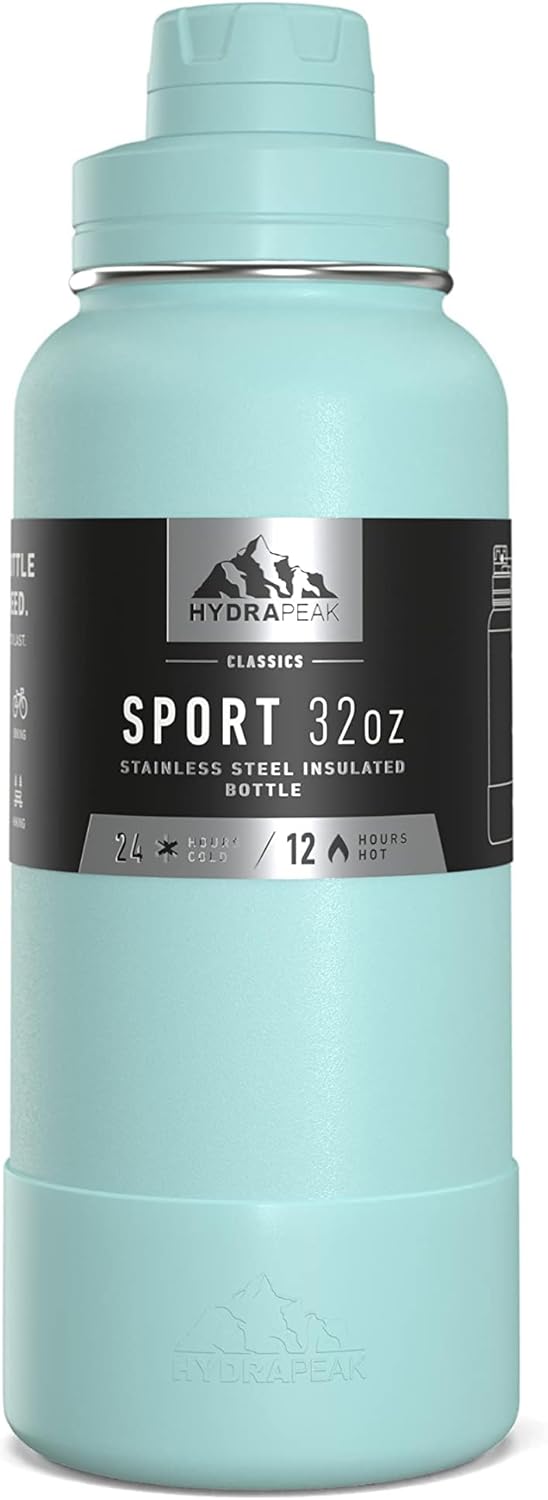 Hydrapeak Botella de agua deportiva de 32 onzas con aislamiento y tapa para beber, botellas de agua de acero inoxidable de alta calidad, a prueba de