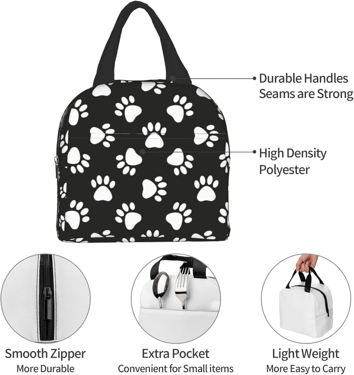 Bolsa de almuerzo con estampado de patas de perro, bolsa compacta con huellas de animales, reutilizable, contenedor para mujeres, hombres, escuela,