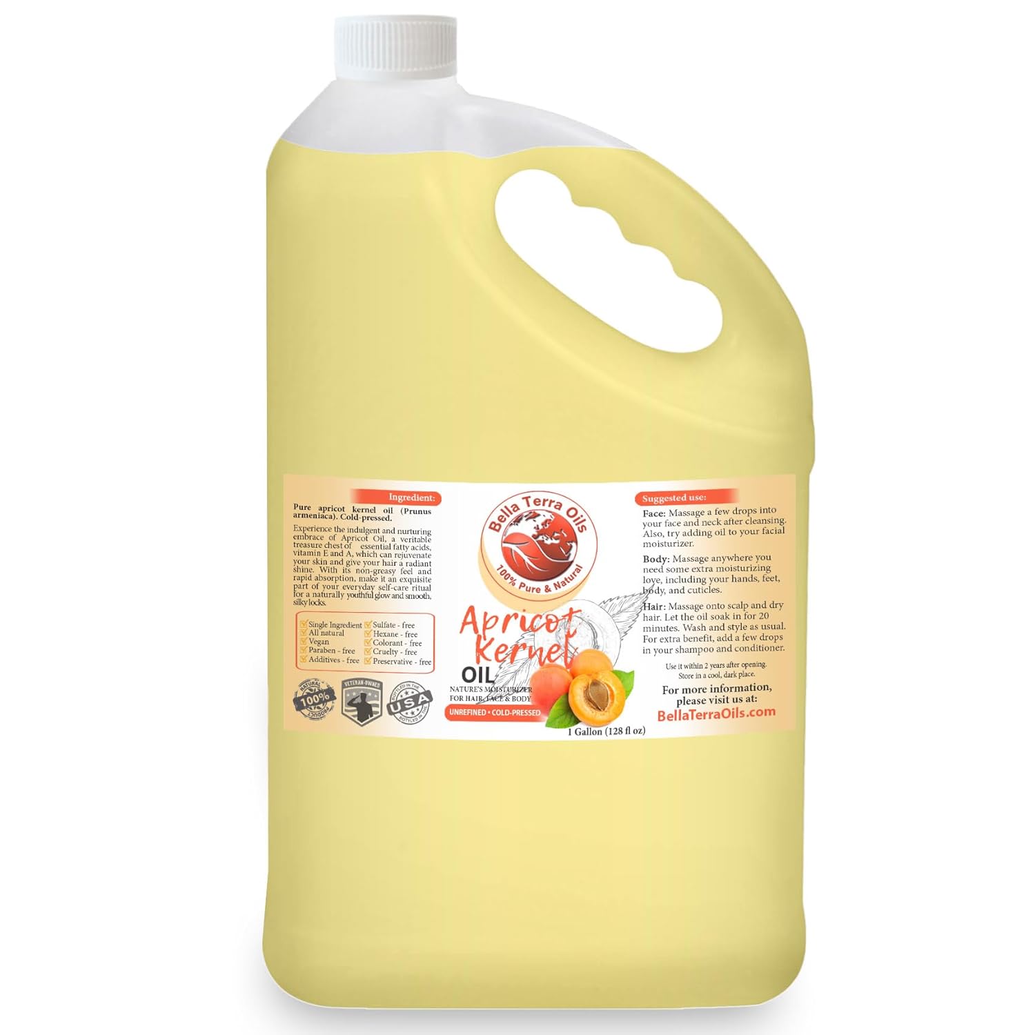 Bella Terra Oils Aceite de almendra de albaricoque 1 galón, rico en vitaminas, hidratación suave para cabello radiante y piel suave, ligero y no