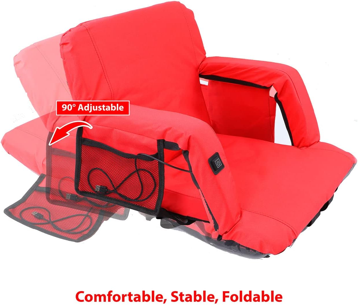 Xspec Asiento de estadio reclinable grande y ancho con reposabrazos, batería no incluida, silla plegable con soporte trasero y bolsillos, asiento