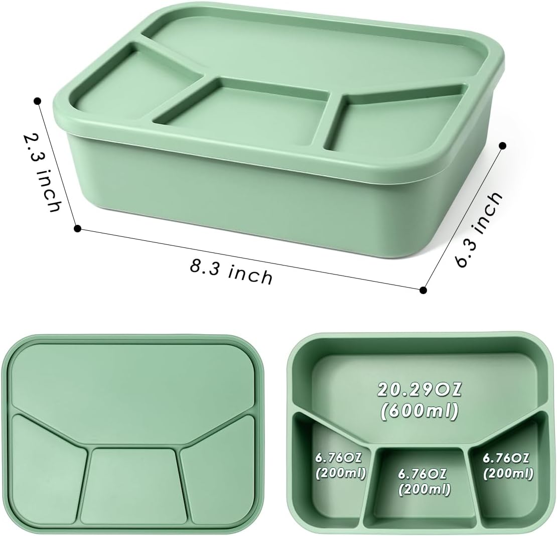 Keweis Caja Bento de silicona, contenedor de 4 compartimentos con tapas, cajas Bento para ensaladas a prueba de fugas, herméticas, aptas para