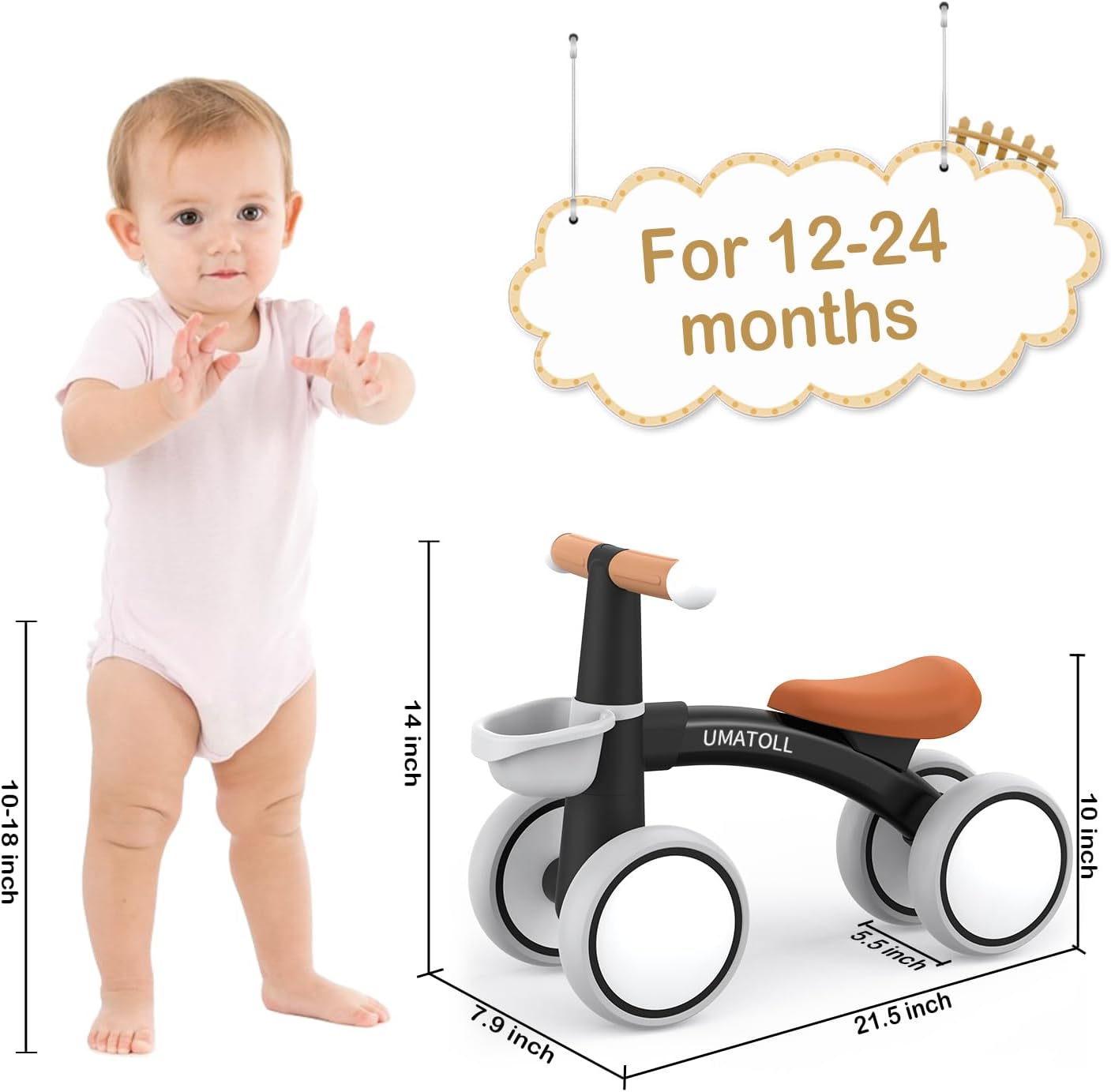 Umatoll Bicicleta de equilibrio de bebé para niños de 1 año, bicicleta de equilibrio para niños de 12 a 24 meses con canasta extraíble, asiento