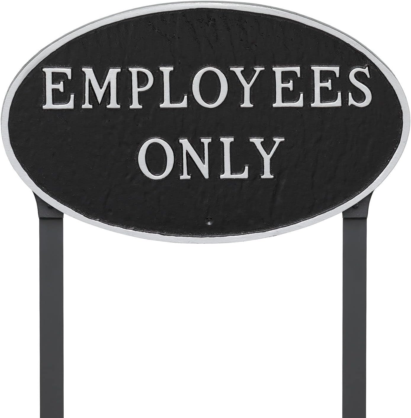 Placa ovalada de metal fundido con texto en inglés “Employees Only” – Placa de exhibición para césped o pared – Letrero de seguridad empresarial –